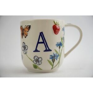 Anthropologie Monogram Mug Letter A Cream Floral Butterfly Strawberry Excellent